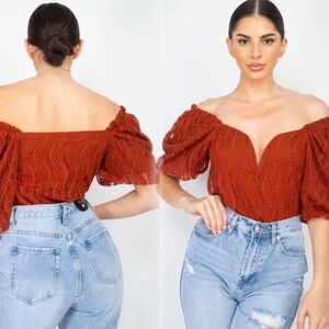Dark rust lace off the shoulder top